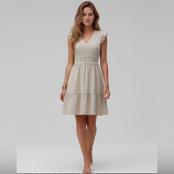 Beige Guipure Lace Insert Ruffle Hem Dress - Picture 3 of 7